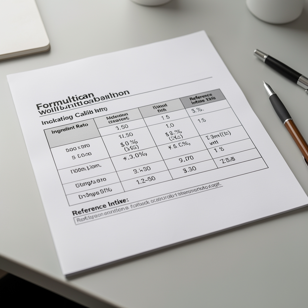 Formulation calibration worksheet with ingredient ratio calculations and reference intake values on a clean work surface