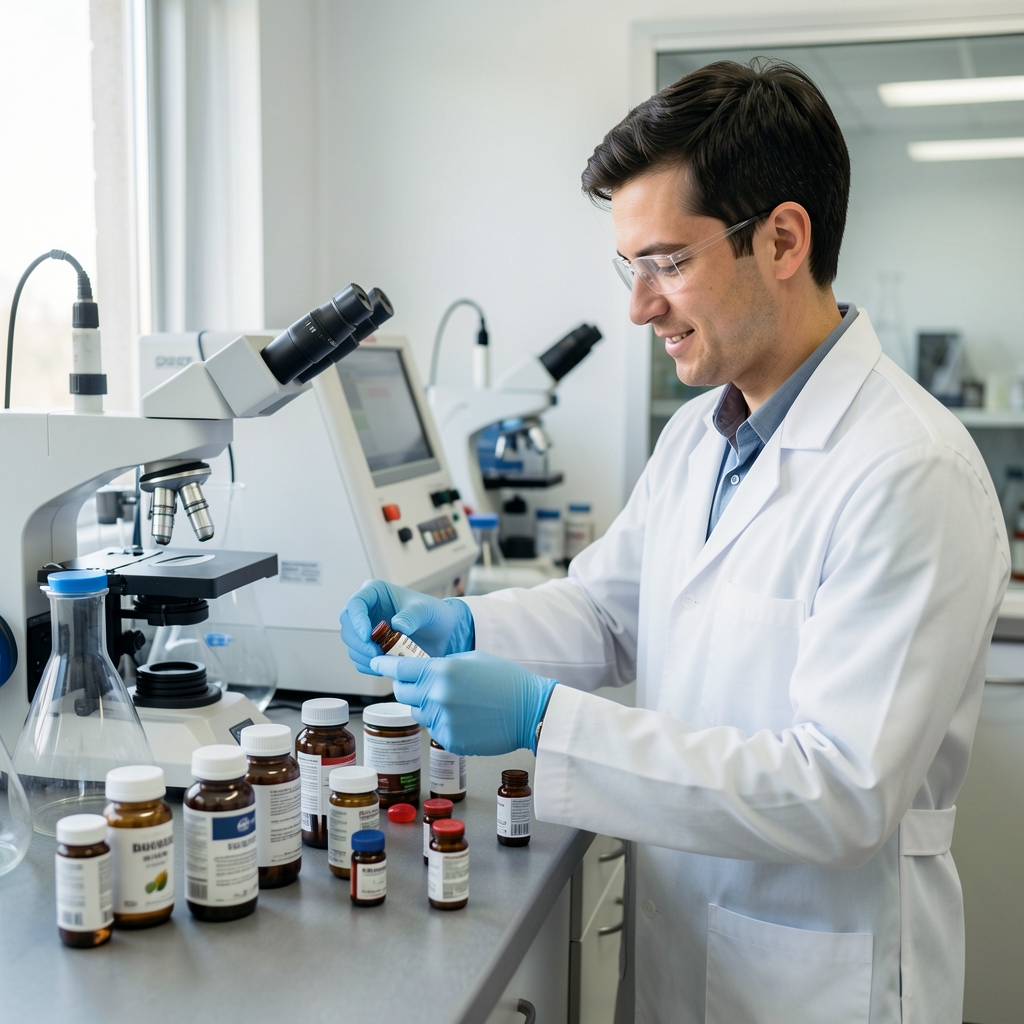 Third-party laboratory technician handling supplement batch samples in a quality-control environment with analytical equipment visible