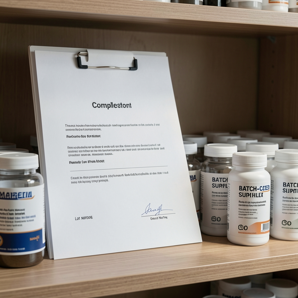 Completed certificate of composition document with lot number visible, filed alongside batch-coded supplement containers on a shelf