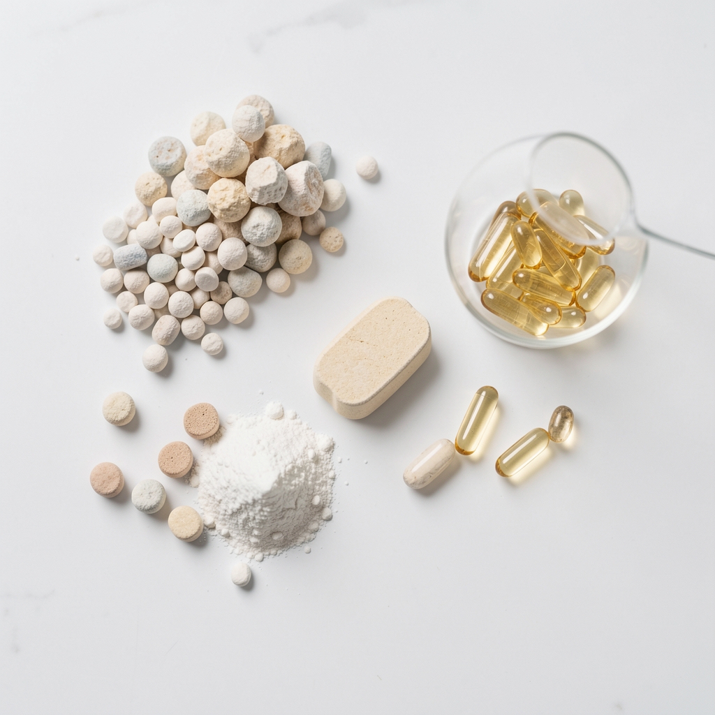Flat-lay of mineral supplement ingredients — magnesium and zinc compounds on a white laboratory surface